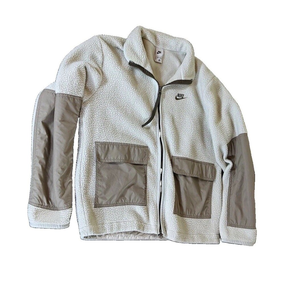Nike L White Gray Full Zip Fleece Jacket Stand Collar Pockets Logo Men’s